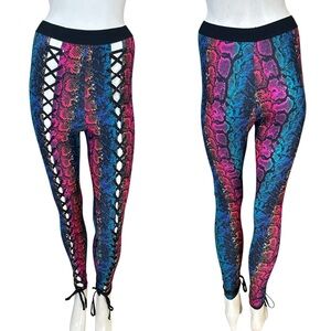 Club Exx Rainbow Snakeskin Print High Rise Cutout Lace Up Rave Party Leggings